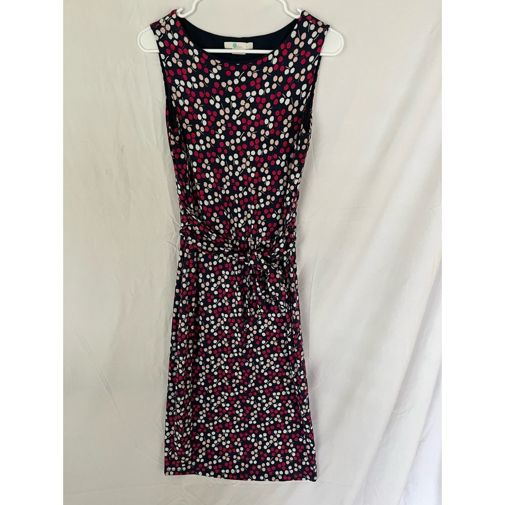 Boden Jersey Dress dark blue w/ pink white flowers, tie belt, sleeveless, 6